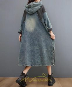 デニムワンピース | ワンピース デニム レディース 40代 ロング チュニック 長袖 ゆったり 体型カバー フード付き ポケット 切り替え 大きいサイズ