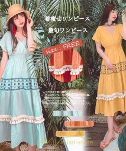 マキシ | ワンピース エスニック 綿麻 エスニックファッション 春ワンピ 夏ワンピ コットン リネン かわいい おしゃれ ハイウエスト バカンス 刺繍 Vネック リゾート 旅行