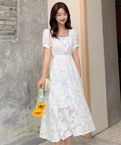 ミディアム | ワンピース レディース 着痩せ スクエアネック 上品 可愛い 半袖 ハイウエスト 透け感 Aラインワンピース 韓国風 20代 お出かけ 通勤通学 30代 きれいめ 40代