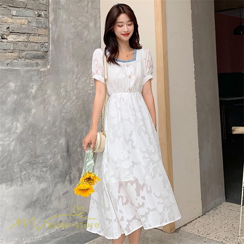 ミディアム | ワンピース レディース 着痩せ スクエアネック 上品 可愛い 半袖 ハイウエスト 透け感 Aラインワンピース 韓国風 20代 お出かけ 通勤通学 30代 きれいめ 40代