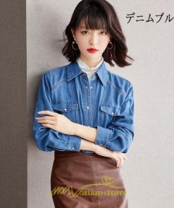 シャツ・ブラウス | デニムシャツ シャツ トップス レディース ブラウス デニム カジュアル レトロ風 通勤 通学 オシャレ キレイめ 上品 可愛い 秋服 ナチュラル 2022