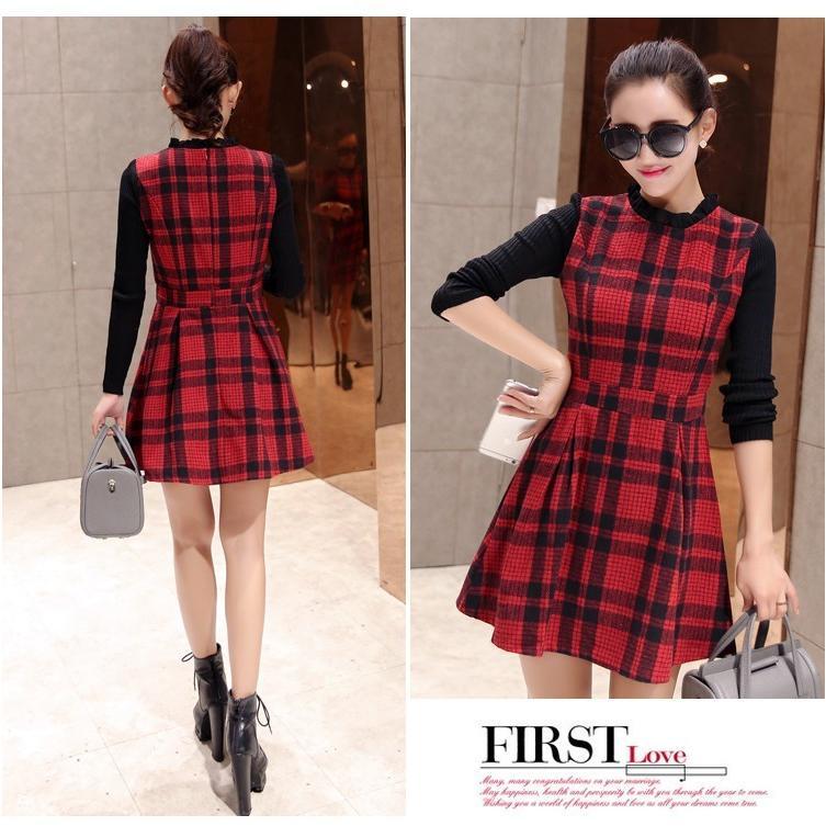ニットワンピース | 即日秋冬 切り替え チェック柄 ドッキングワンピース ニット セーター 長袖 Aライン 20代30代 クルーネック 大人 可愛い 膝上丈