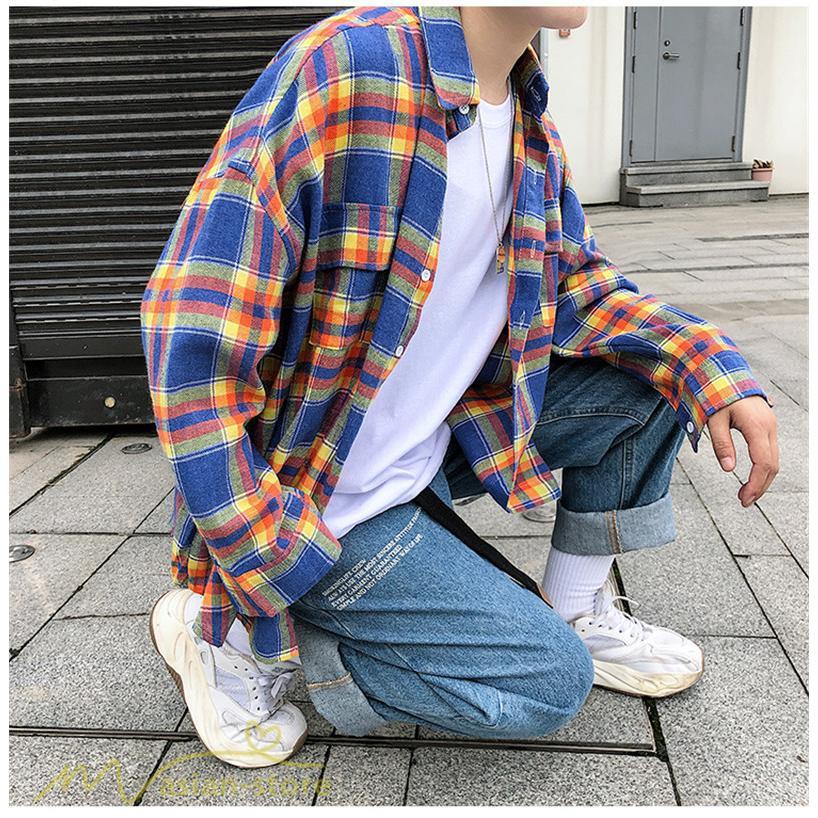 シャツ | ライトアウター 秋服 薄手 メンズ チェック柄 長袖 ポケット 韓国風 カッコウイイ 日常感 ワイドコットン 大きいサイズ トップス 大きいサイズ 男性着