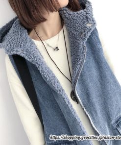 ベスト | ファーレディース 秋冬 デニムフード付き ミドル丈 両面 リバーシブル ジップアップ ファー 厚手 アウター 20代50代 大人 カワイイ 防寒 防風
