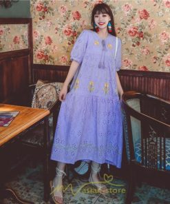 マキシ | ロングワンピース 夏秋 レディース 五分袖 普段着 同窓会 細見せ ハイウエスト コットン レース Aライン 白 紫 刺繍 Vネック キャンプ 旅行 上品 鎖骨 華奢魅せ