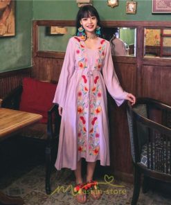 マキシ | エスニック刺繍ワンピース ロングワンピース 夏 秋 長袖 大人可愛い ゆったり リゾート 民族風 刺繍 着痩せ 20代30代40代 大人 Aライン エレガント 体型カバー