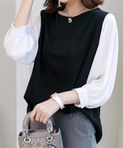 送料無料SALE | ブラウス レディース 切り替え フェイク ストライプ パフスリーブ 無地 黒 白 トップス シャツ 丸ネック 七分袖 夏服 大人 サマー 30代40代 50代 可愛い OL