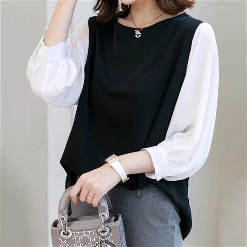 送料無料SALE | ブラウス レディース 切り替え フェイク ストライプ パフスリーブ 無地 黒 白 トップス シャツ 丸ネック 七分袖 夏服 大人 サマー 30代40代 50代 可愛い OL