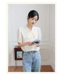 シャツ・ブラウス | ブラウス レディース おしゃれ きれいめ 半袖ブラウス カジュアル 無地 フォーマル オフィス オフホワイト 黒 シフォン OL 蝶結び 通勤 新作 お出かけ ビジネス