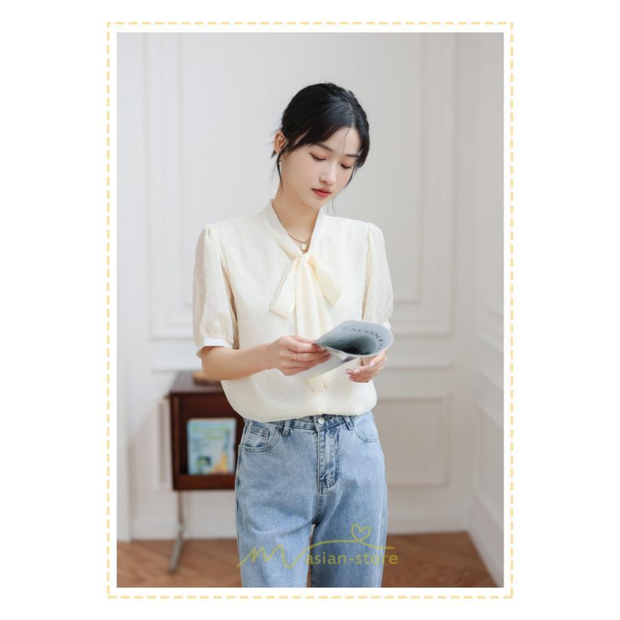 シャツ・ブラウス | ブラウス レディース おしゃれ きれいめ 半袖ブラウス カジュアル 無地 フォーマル オフィス オフホワイト 黒 シフォン OL 蝶結び 通勤 新作 お出かけ ビジネス