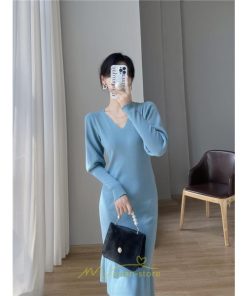 ニットワンピース | ニット ワンピース ロング Vネック ニットワンピ 長袖 ブラック 2022秋冬 ブルー マーメイド フリル セクシー 通勤 おしゃれ キレイめ ミモレ丈 上品