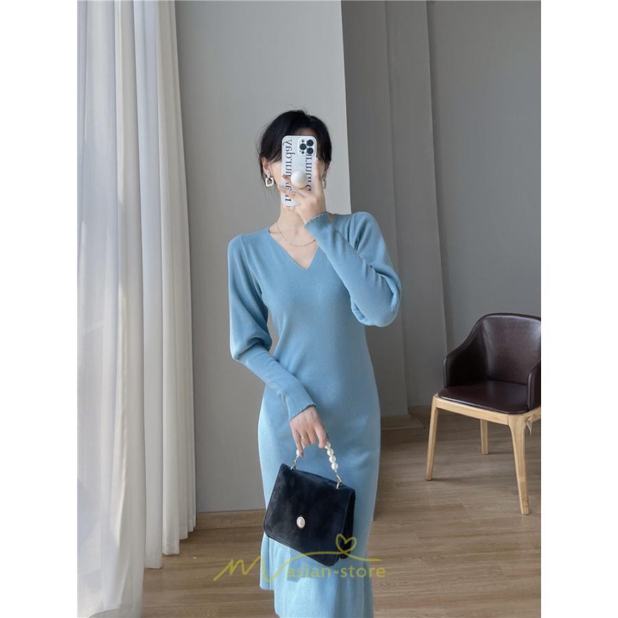 ニットワンピース | ニット ワンピース ロング Vネック ニットワンピ 長袖 ブラック 2022秋冬 ブルー マーメイド フリル セクシー 通勤 おしゃれ キレイめ ミモレ丈 上品