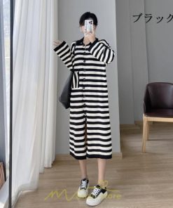 ニットワンピース | ワンピース 秋 秋服 レディース ニット ロングワンピース ロング 長袖 大きいサイズ ゆったり ボーダー柄 スリット お出かけ 部屋着 休日 韓国風 カジュアル