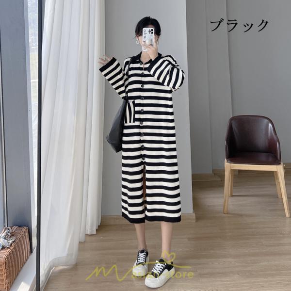 ニットワンピース | ワンピース 秋 秋服 レディース ニット ロングワンピース ロング 長袖 大きいサイズ ゆったり ボーダー柄 スリット お出かけ 部屋着 休日 韓国風 カジュアル