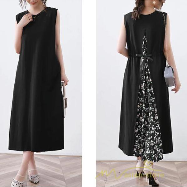 マキシ | ワンピース レディース マキシワンピース 可愛い 春夏 春 夏 きれいめ ゆったり ロングワンピース ノースリーブ 切り替え フェイク 50代 40代 30代