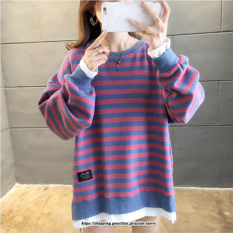 パーカー | 重ね着風トレーナー レディース 長袖 トップス カジュアル スウェット ボーダー柄 ゆったり トレーナー トップス 切り替え 可愛い きれいめ レイヤード風