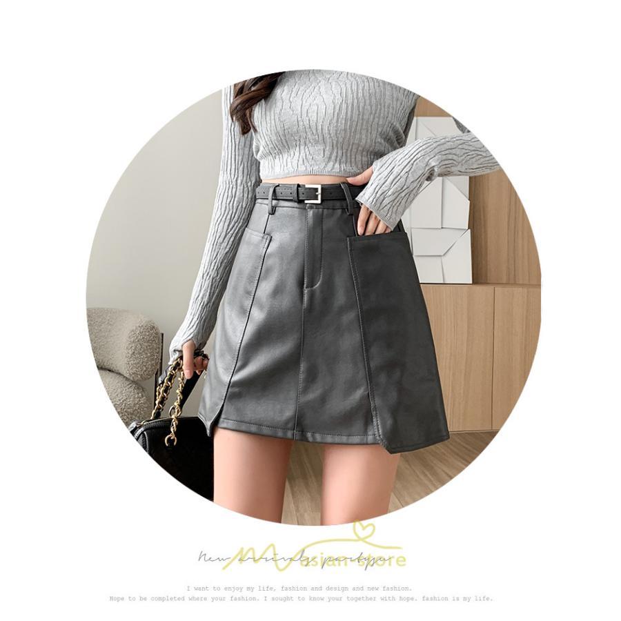 スカート | ミニ秋冬 レザー 無地 レディース 40代 Aライン 30代 20代 50代 着痩せ 通勤 オシャレ カジュアル オフィス OL 着痩せ ベルト付き