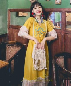 マキシ | ワンピース 七分袖 花と鳥 きれいめ ロング丈 レディース 夏 秋 レトロ 刺繍 レース Vネック エスニック風 リゾート　 イベント カジュアル お出かけ ボヘミアン