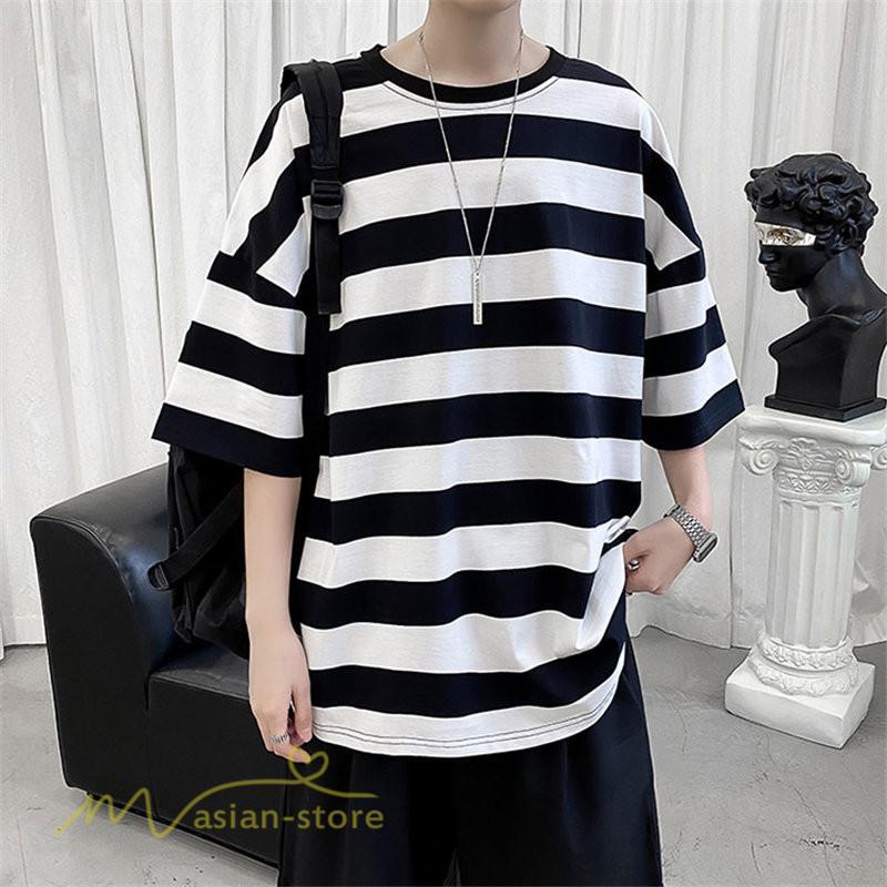 Tシャツ | カットソー 半袖トップス メンズボーダー カジュアル クルーネック ゆったり 夏新作 夏服 シンプル おしゃれ 大きいサイズ 5分袖