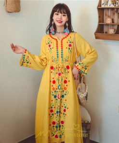 マキシ | ワンピース コットン 長袖ワンピース カジュアル ゆったり ナチュラル シンプル 可愛い 夏 秋 エスニック Vネック 鎖骨 レトロ 黄色 刺繍 白 青 三色展開