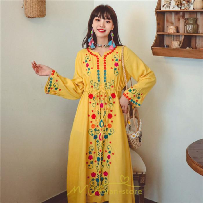 マキシ | ワンピース コットン 長袖ワンピース カジュアル ゆったり ナチュラル シンプル 可愛い 夏 秋 エスニック Vネック 鎖骨 レトロ 黄色 刺繍 白 青 三色展開