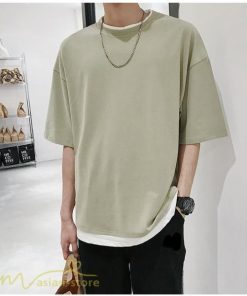 Tシャツ | メンズ 夏物 半袖 五分袖 フェイク レイヤード 重ね着 無地 おしゃれ プルオーバー オーバーサイズ しっかり ロングｔ 男 20代 カジュアル 30代