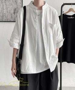 シャツ | メンズ 夏コーデ 2021新作 ライトアウター 5分袖 7分袖 スタンドカラー 麻綿 無地 カッコイイ お出かけ カジュアルトップス 薄手 夏着 アウトドア