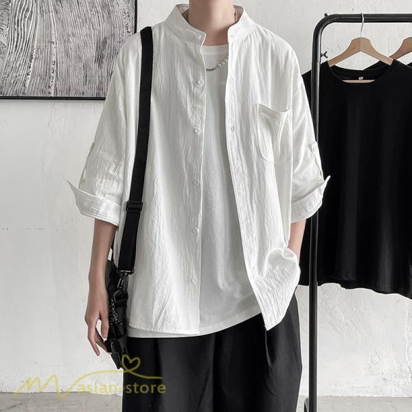 シャツ | メンズ 夏コーデ 2021新作 ライトアウター 5分袖 7分袖 スタンドカラー 麻綿 無地 カッコイイ お出かけ カジュアルトップス 薄手 夏着 アウトドア