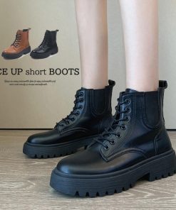 ショートブーツ | 春秋冬 靴 レースアップ 厚底 レディースブーツ ブラックブラウン ワークブーツ