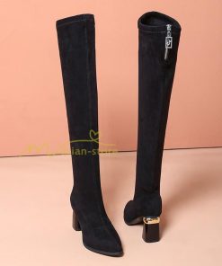 ロングブーツ | ニーハイブーツ スエード調 美脚 秋冬 ストレッチ チャンキーヒール 太ヒール レディース 走れる 黒 美脚 無地 ブーツ ハイヒール
