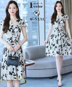ミディアム | ワンピース 膝丈 カジュアル レディース 花柄 半袖 ｖネック ミディアムワンピイース Aラインワンピース 上品 夏 20代 サマーワンピース 40代 30代 きれいめ
