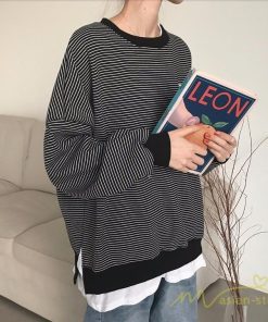 パーカー | フェイクレイヤード風トレーナー レディース ゆったりシルエット 切替 長袖 トップス フードなしボーダー ロングTシャツ サイドスリット入れ