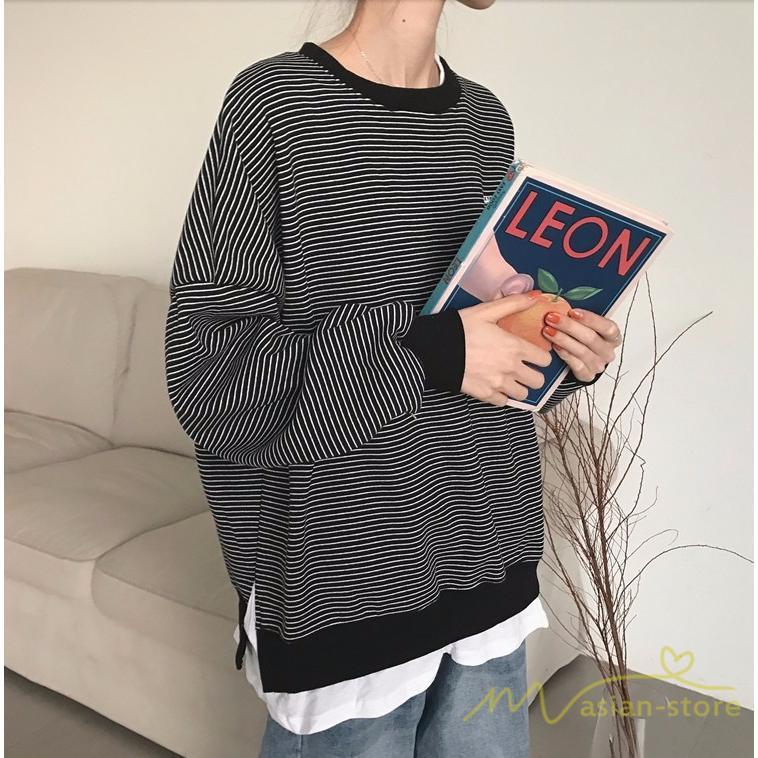 パーカー | フェイクレイヤード風トレーナー レディース ゆったりシルエット 切替 長袖 トップス フードなしボーダー ロングTシャツ サイドスリット入れ