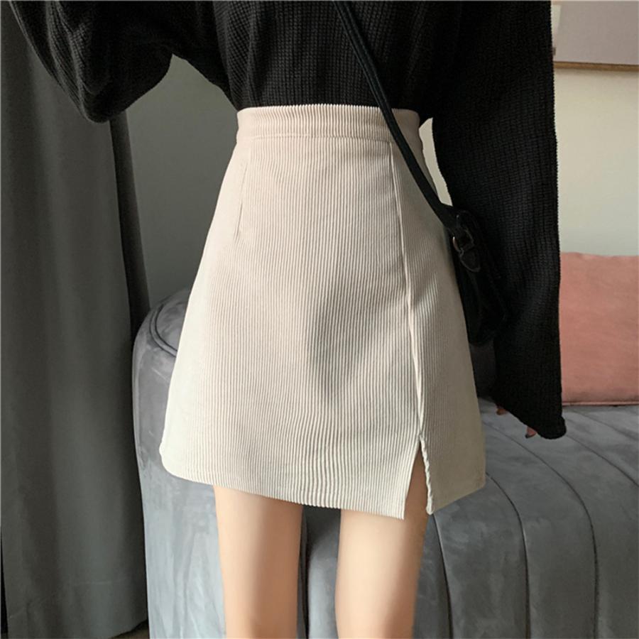 タイトスカート | ミニスリット入り Aラインスカート コーデュロイ ハイウエスト 台形美脚 スカート