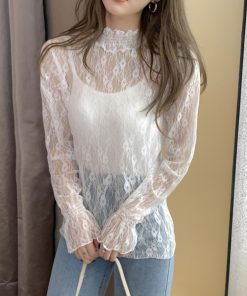 シャツ・ブラウス | フリル レース シースルー プチハイネック おしゃれ ブラウス 花柄 レディース トップス きれいめ