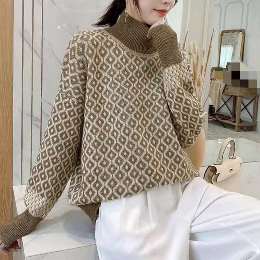 ニット・セーター | 配色ダイス柄ニットトップスハイネック