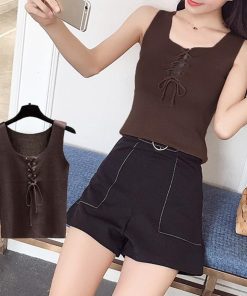 Tシャツ・カットソー | ニットキャミソール レースアップ 春夏 ノースリーブ レディース ニットビスチェ タンクトップ トップス