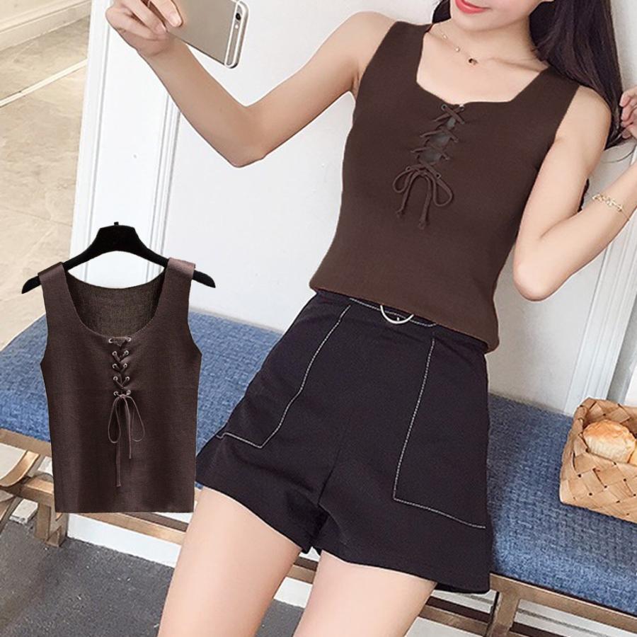 Tシャツ・カットソー | ニットキャミソール レースアップ 春夏 ノースリーブ レディース ニットビスチェ タンクトップ トップス