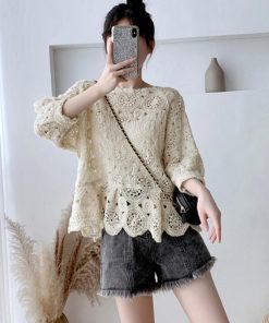 透かし編みトップス | レディース5分袖 トップス ブラウス プルオーバー シースルーカットソー 透け感 春夏 かぎ編み 透かし編み 花刺繍