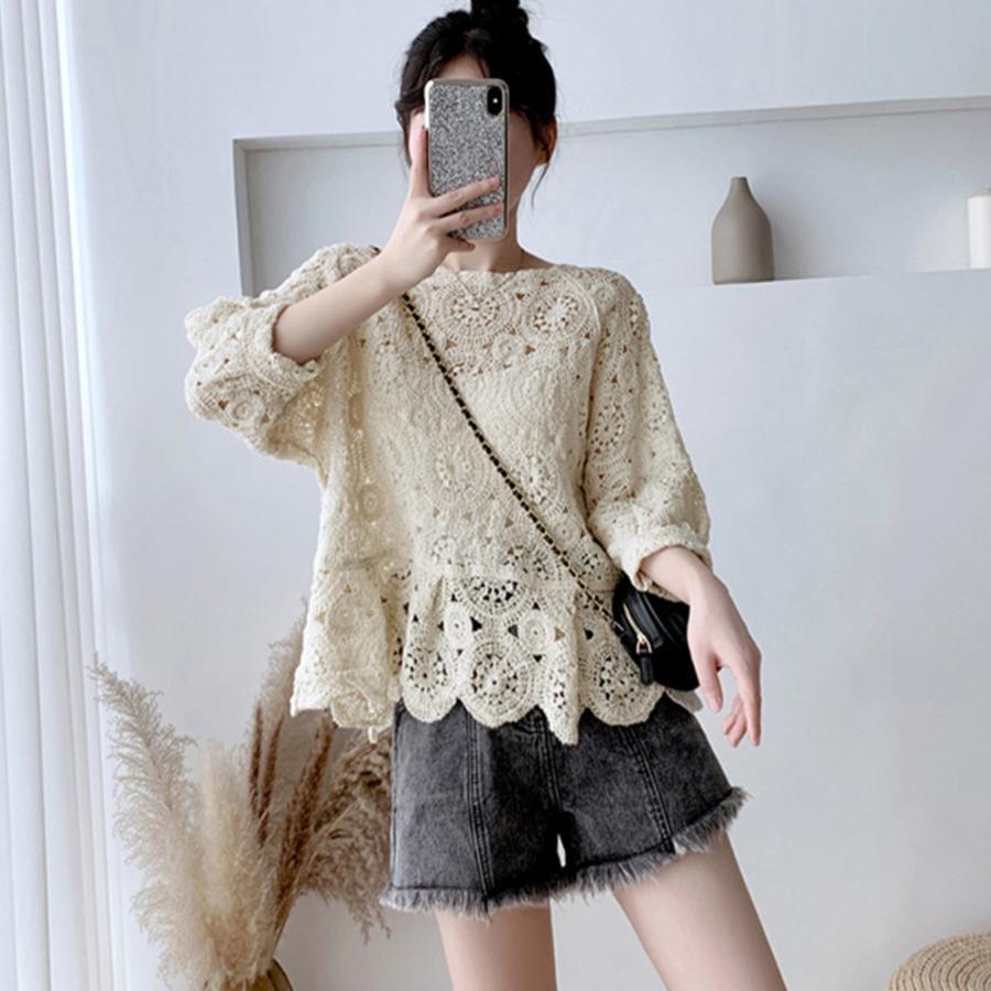 透かし編みトップス | レディース5分袖 トップス ブラウス プルオーバー シースルーカットソー 透け感 春夏 かぎ編み 透かし編み 花刺繍