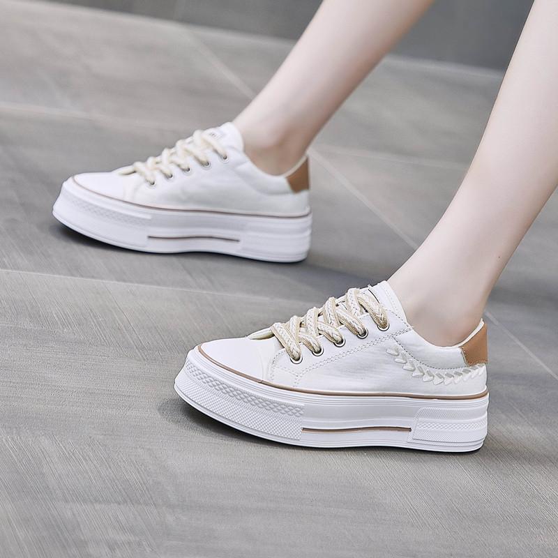 スニーカー | レディースシューズ レースアップ ローカット 厚底靴 履きやすい キャンバス カジュアルシューズ フラットシューズ