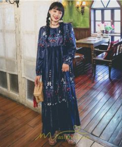 マキシ | ロングワンピース レディース  夏 秋 リゾート ルームワンピース 長袖 ゆったり ロング丈 旅行用 バブルスリーブ かわいい 後ボタン付き レトロ風 丸首