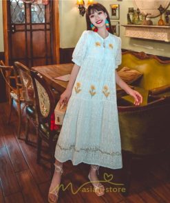 マキシ | ロングワンピース 夏秋 レディース 五分袖 普段着 同窓会 細見せ ハイウエスト コットン レース Aライン 白 紫 刺繍 Vネック キャンプ 旅行 上品 鎖骨 華奢魅せ