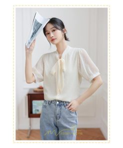 シャツ・ブラウス | ブラウス レディース おしゃれ きれいめ 半袖ブラウス カジュアル 無地 フォーマル オフィス オフホワイト 黒 シフォン OL 蝶結び 通勤 新作 お出かけ ビジネス