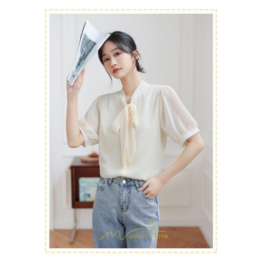 シャツ・ブラウス | ブラウス レディース おしゃれ きれいめ 半袖ブラウス カジュアル 無地 フォーマル オフィス オフホワイト 黒 シフォン OL 蝶結び 通勤 新作 お出かけ ビジネス