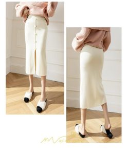 スカート | レディース ロング丈 ミモレ丈 ニット 秋冬 韓国風 スリット ハイウエスト Aライン 着痩せ 小柄 大人可愛い 20代30代40代50代 フェミニン 脚長効果