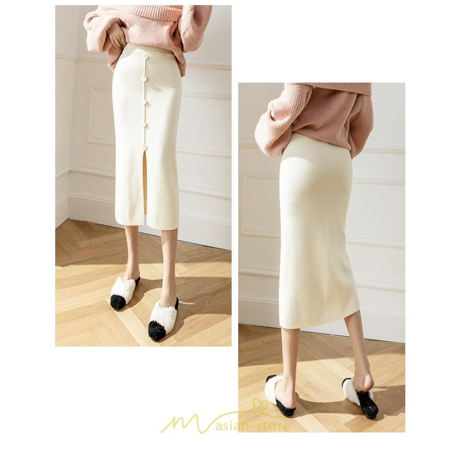 スカート | レディース ロング丈 ミモレ丈 ニット 秋冬 韓国風 スリット ハイウエスト Aライン 着痩せ 小柄 大人可愛い 20代30代40代50代 フェミニン 脚長効果