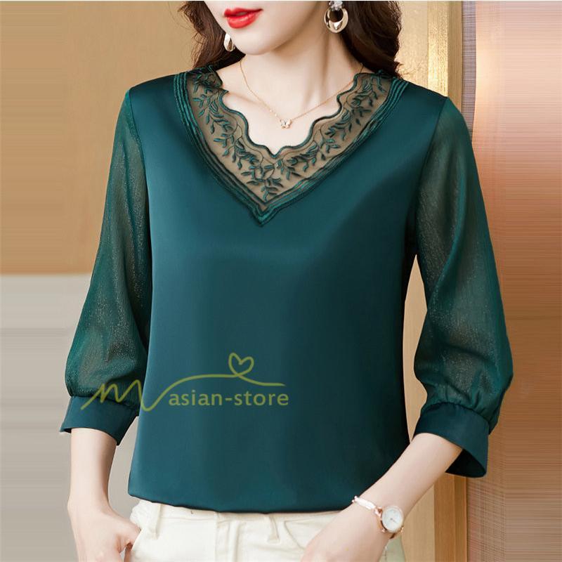 tシャツ・カットソー | Tシャツ レディース 7分袖 七分袖 カジュアル Vネック おしゃれ 女性用 シンプル 無地 ブラック 着痩せ レース付き シフォンシャツ 母の日 20代30代40代50代