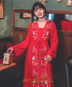 マキシ | エスニック刺繍ワンピース ロングワンピース 夏 秋 長袖 大人可愛い ゆったり リゾート 民族風 刺繍 着痩せ 20代30代40代 大人 Aライン エレガント 体型カバー