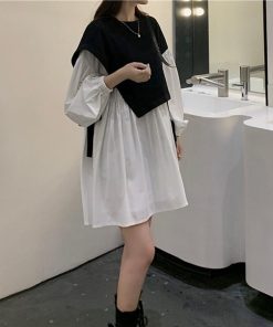 シャツワンピース | 長袖ワンピース おしゃれ チュニックワンピ 白 ベストレイヤード風 レディース アシンメトリー きれいめ